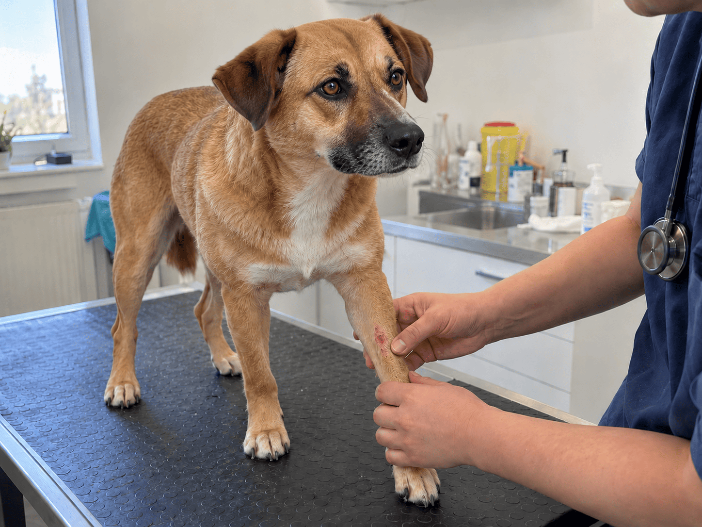 Veterinár vyšetruje poranenú nohu pokojného krátkosrstého psa